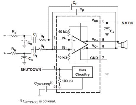 Typical Application for Differential Input Application With Input Bandpass Filter for Tpa6211A1-Q1, 3.1-W Mono Fully Differential Audio Power Amplifier