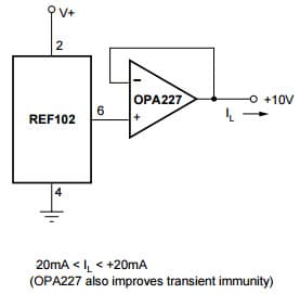 Typical Application for 10V Precision Voltage Reference Using -20mA < IL < +20mA (OPA227 also improves transient immunity)