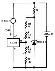 Typical Application for LM285-2.5-N Micro-power Voltage Reference Diode, 0-50 degree thermometer