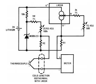 Typical Application for LM285-2.5-N Micro-power thermocouple Cold Junction Compensator