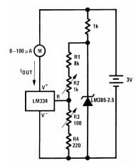 Typical Application for LM285-2.5-N Micro-power Voltage Reference Diode, 20-100 degree Celsius thermometer