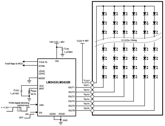 Typical Application Schematic to Drive LM3432 72-White LEDs (@20 mA) (PWM Digital Dimming)