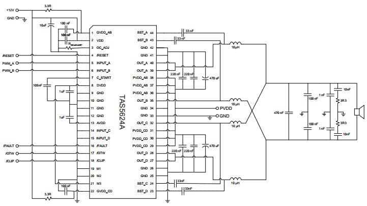 Typical Differential (2N) PBTL Application with AD Modulation Filter for TAS5624A Stereo/Mono Class-D Audio Amplifier