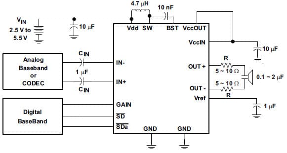 Typical Application for Application Schematic with Resistor - Speaker - Resistor Load Configuration for TPA2100P1 19-VPP Mono Class-D Audio Amplifier for Piezo/Ceramic Speakers