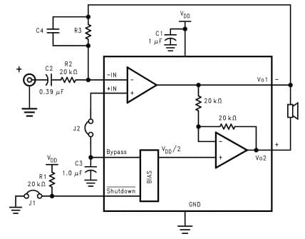 Typical Audio Amplifier Application Circuit for LM4889 1-Watt Higher Gain Audio Amplifier