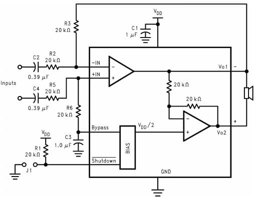 Typical Audio Amplifier Application Circuit for LM4889 1-Watt Differential Amplifier Configuration