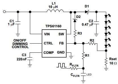 Typical Application for TPS61161 Li-Ion Driver for 6 White LEDs With External PWM Dimming Network