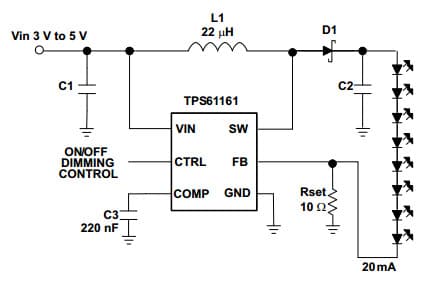 Typical Application for TPS61161 Li-Ion Driver for 8 White LEDs