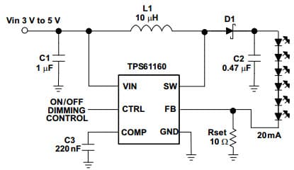 Typical Application for TPS61161 Li-Ion Driver for 6 White LEDs