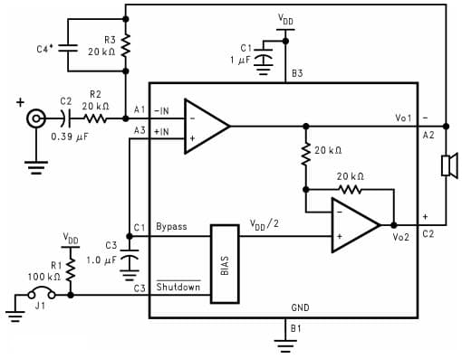 Typical Audio Amplifier Application Circuit for LM4889 1-Watt Reference Design Board and Layout - DSBGA