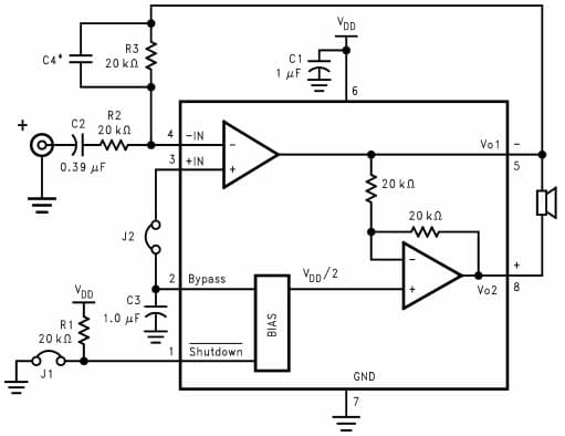 Typical Audio Amplifier Application Circuit for LM4889 1-Watt Audio Power Amplifier