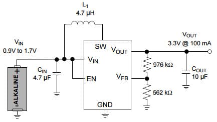 Typical Application for MCP1640 Synchronous Boost Regulator with True Output Disconnect or Input/Output Bypass Option