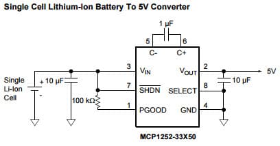 Typical Application for MCP1252 Low-Noise, Positive-Regulated Charge Pump for Single Cell Lithium-Ion Battery To 5V Converter