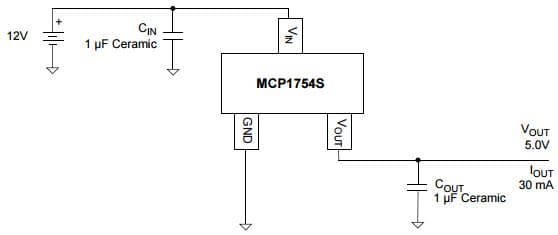 Typical Application for MCP1754S 150 mA, 16V, High-Performance LDO