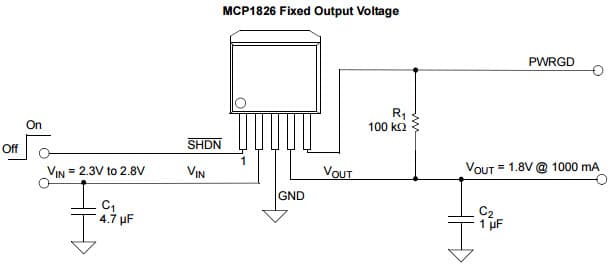 Typical Application for MCP1826 1000mA, Low Voltage, Low Quiescent Current LDO Fixed Output Voltage Regulator