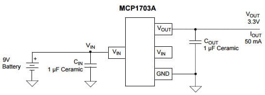 Typical Application for MCP1703A 250 mA, 16V, Low Quiescent Current LDO Regulator