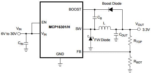 Typical Application at (30V VIN to 3.3V VOUT) Circuit for MCP16301 High Voltage Input Integrated Switch Step-Down Regulator