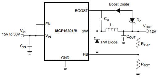 Typical Application at (15V - 30V Input, 12V Output) Circuit for MCP16301 High Voltage Input Integrated Switch Step-Down Regulator