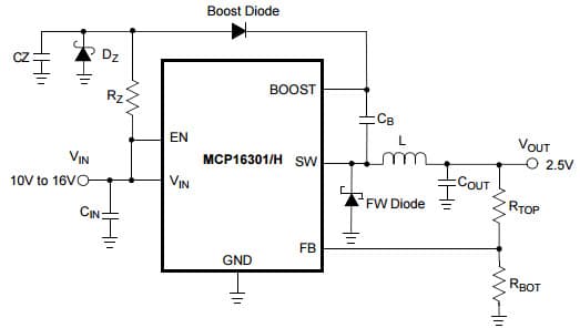 Typical Application at (10V to 16V VIN to 2.5V VOUT) Circuit for MCP16301 High Voltage Input Integrated Switch Step-Down Regulator