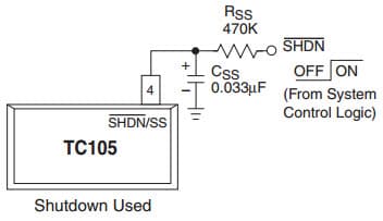 Typical Application SOFT START Circuit for TC105 PFM/PWM Step-Down DC/DC Controller when shut-down Used