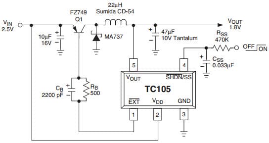 Typical Application Regulator Using PNP Transistor Circuit for Tc105 Pfm/Pwm Step-Down Dc/Dc Controller