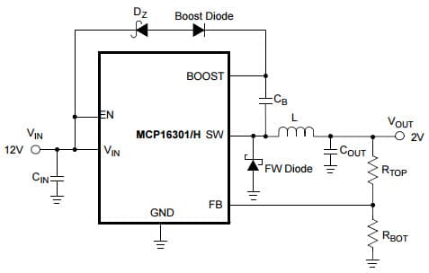 Typical Application at (12V Input, 2V Output at 600 mA) Circuit for MCP16301 High Voltage Input Integrated Switch Step-Down Regulator