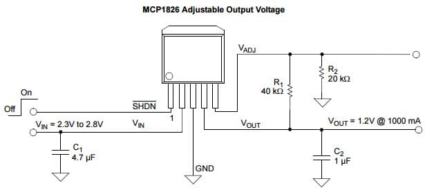 Typical Application for MCP1826 1000mA, Low Voltage, Low Quiescent Current LDO Adjustable Output Voltage Regulator