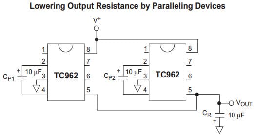 Typical Application for TC962 Lowering Output Resistance by Paralleling Devices