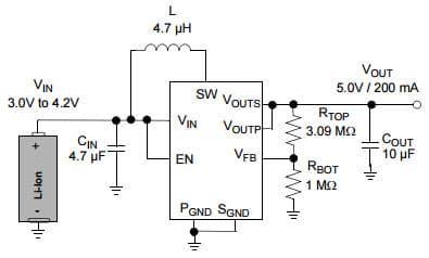 Typical Application for Low Quiescent Current, PFM/PWM Synchronous Boost Regulator with True Output Disconnect or Input/Output Bypass Option For 5V Output