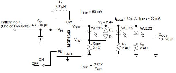 Typical Three White LEDs Application Powered from One or Two Cells for MCP1643, 1MHz Low Start-up Voltage Synchronous Boost LED Constant Current Regulator