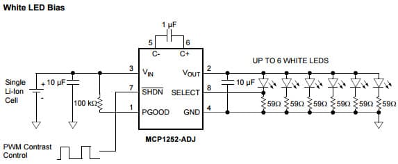 Typical Application for MCP1252 Low-Noise, Positive-Regulated Charge Pump for White LED Bias