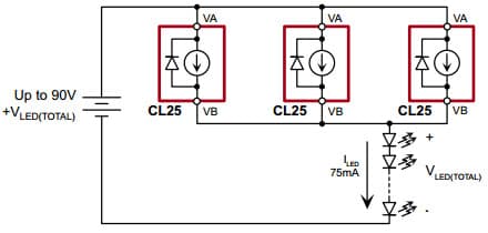 Typical Application for CL25 for Multiple LED Strings, Simple 90V, 25mA, Temperature Compensated, Constant Current, LED Driver IC