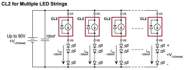 Typical Application for CL2 for Multiple LED Strings, Simple 90V, 20mA Temperature Compensated Constant Current LED Driver IC