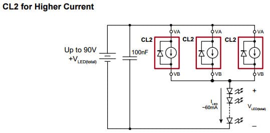 Typical Application for CL2 for Higher Current, Simple 90V, 20mA Temperature Compensated Constant Current LED Driver IC