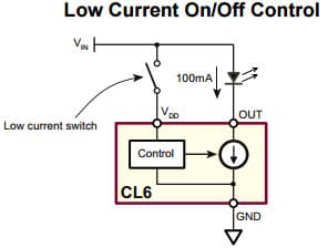 Typical Application for CL6 Linear, Fixed, 100mA, Constant Current LED Driver for Low Current On/Off Control