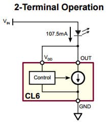 Typical Application for CL6 Linear, Fixed, 100mA, Constant Current LED Driver for 2-Terminal Operation