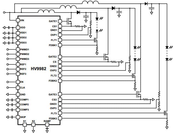 Typical Application for HV9982 Three-Channel, Closed-Loop, Switch Mode LED Drive IC