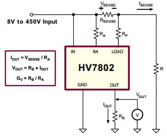 Typical Application for HV7802 High Side Current Monitor 8V to 450V, Configurable Output