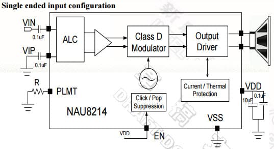 Typical Single ended input configuration Circuit for NAU8214, 2.9W Mono Filter-Free Class-D Audio Amplifier