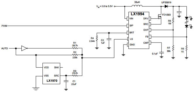 Typical Application for LX1994 PWM Dimming applied to S/P Input and Light Sensor (Dimming option 1)