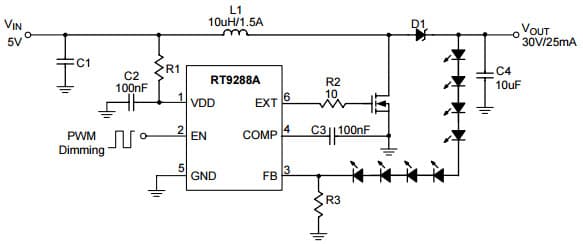 Typical Application for RT9288A LED Driver with PWM Brightness Control (5V to 30V)