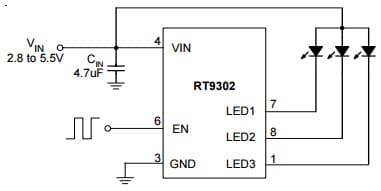 Typical 3-WLEDs Application for RT9302, 60mA, 3-Channel Pulse Dimming Current Source LED Driver