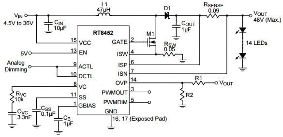 Typical Application Analog Dimming in Boost Configuration for RT8452 High Voltage High Current LED Driver Controller for Buck-Boost or Buck-Boost Topology