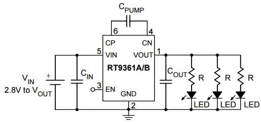 Typical Application for RT9361A Tiny Package, High performance, Regulated Charge Pump at Iout < 60mA @ Vin > 3.2V