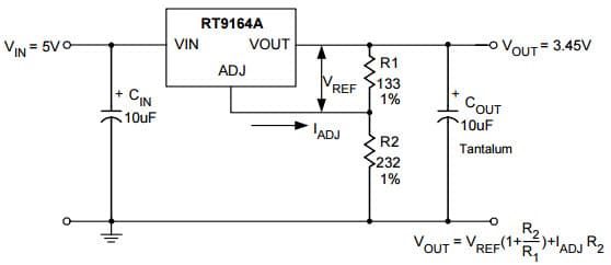 Typical Application for RT9164A 1A Low Dropout Positive Adjustable Voltage Regulator