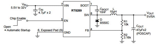 Typical Application for RT8289 5A, 32V, 500kHz Step-Down Converter