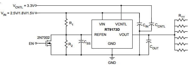 Typical Application for RT9173D Cost-Effective, Peak 3A Sink/Source Bus Termination Regulator