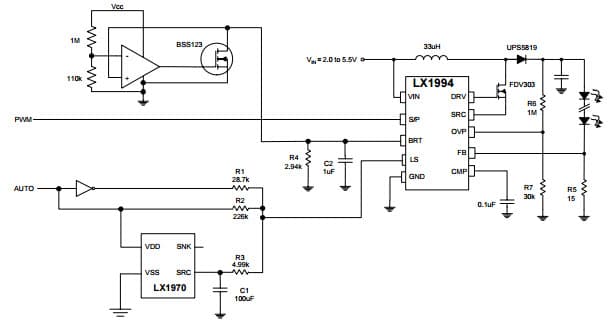 Typical Application for LX1994 PWM Dimming applied to S/P Input and Light Sensor (Dimming option 2)