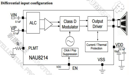 Typical Differential input configuration Circuit for NAU8214, 2.9W Mono Filter-Free Class-D Audio Amplifier