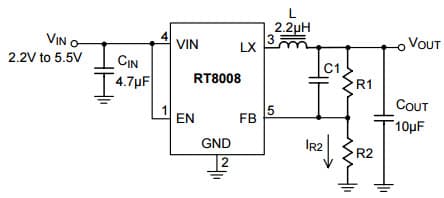 Typical Application for RT8008 1.5MHz, 600mA, High Efficiency PWM Step-Down DC/DC Converter for Adjustable Voltage Regulator